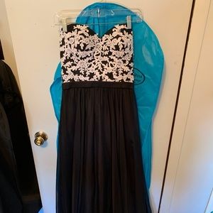 Black with white lace strapless floor length dress size 6